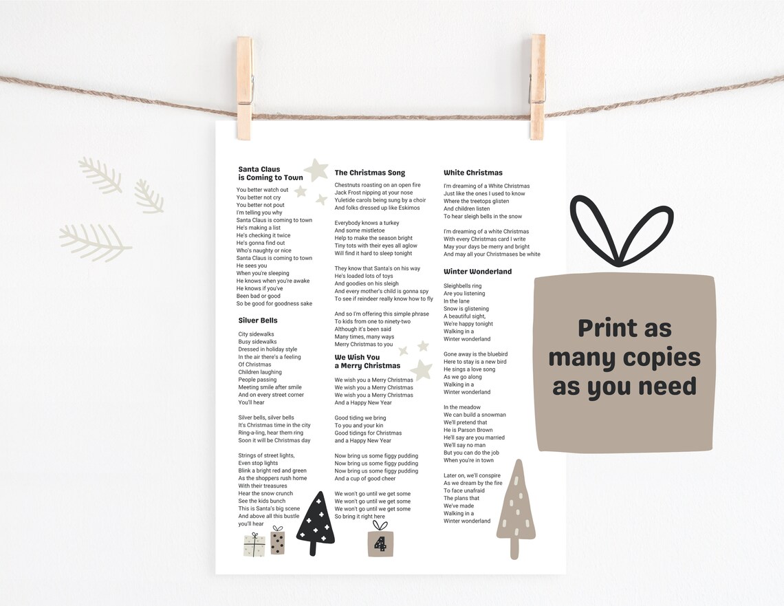 DIGITAL PRINTABLE Christmas Song Lyric Sheets Set of 4, Christmas Singalong, Christmas Caroling ...