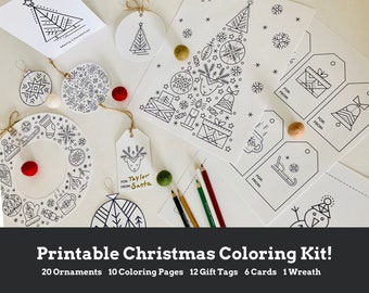May include: Printable Christmas coloring kit with 20 ornaments, 10 coloring pages, 12 gift tags, 6 cards, and 1 wreath. The designs feature a Scandinavian style with snowflakes, stars, and geometric patterns.