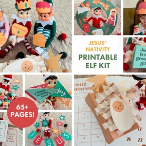 以下が含まれることがあります： エルフ・オン・ザ・シェルフをテーマにした画像のコラージュ。画像には、アクセサリー付きのエルフ人形、切り絵、テキスト「JESUS' NATIVITY PRINTABLE ELF KIT」と「65+ PAGES！」が含まれています。このキットには、さまざまなクリスマスをテーマにした装飾が含まれています。