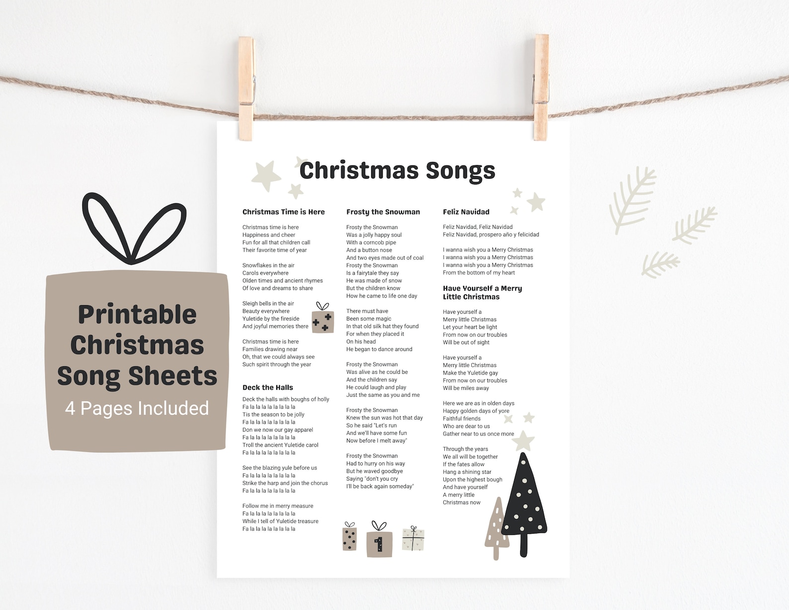DIGITAL PRINTABLE Christmas Song Lyric Sheets Set of 4, Christmas ...