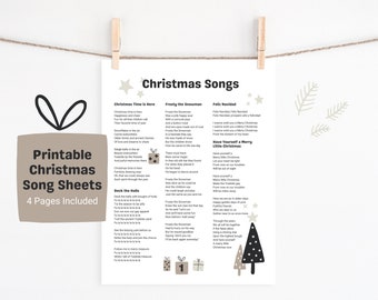 DIGITAL PRINTABLE Christmas Song Lyric Sheets Set of 4, Christmas Singalong, Christmas Caroling Book Song Lyric Sheets