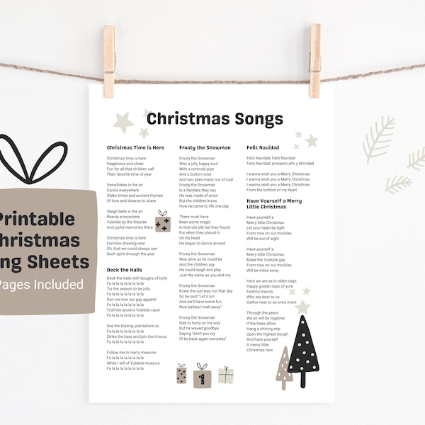 DIGITAL PRINTABLE Christmas Song Lyric Sheets Set of 4, Christmas Singalong, Christmas Caroling Book Song Lyric Sheets