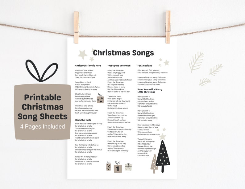 DIGITAL PRINTABLE Christmas Song Lyric Sheets Set of 4, Christmas ...