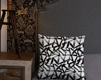 Decorative Pillow Black and White Geometric Shattered Paths Design