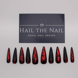 Custom hand painted press on nails.  Red foil black bling nails.  Almond, stiletto, coffin, ballerina, extra wide, extra long