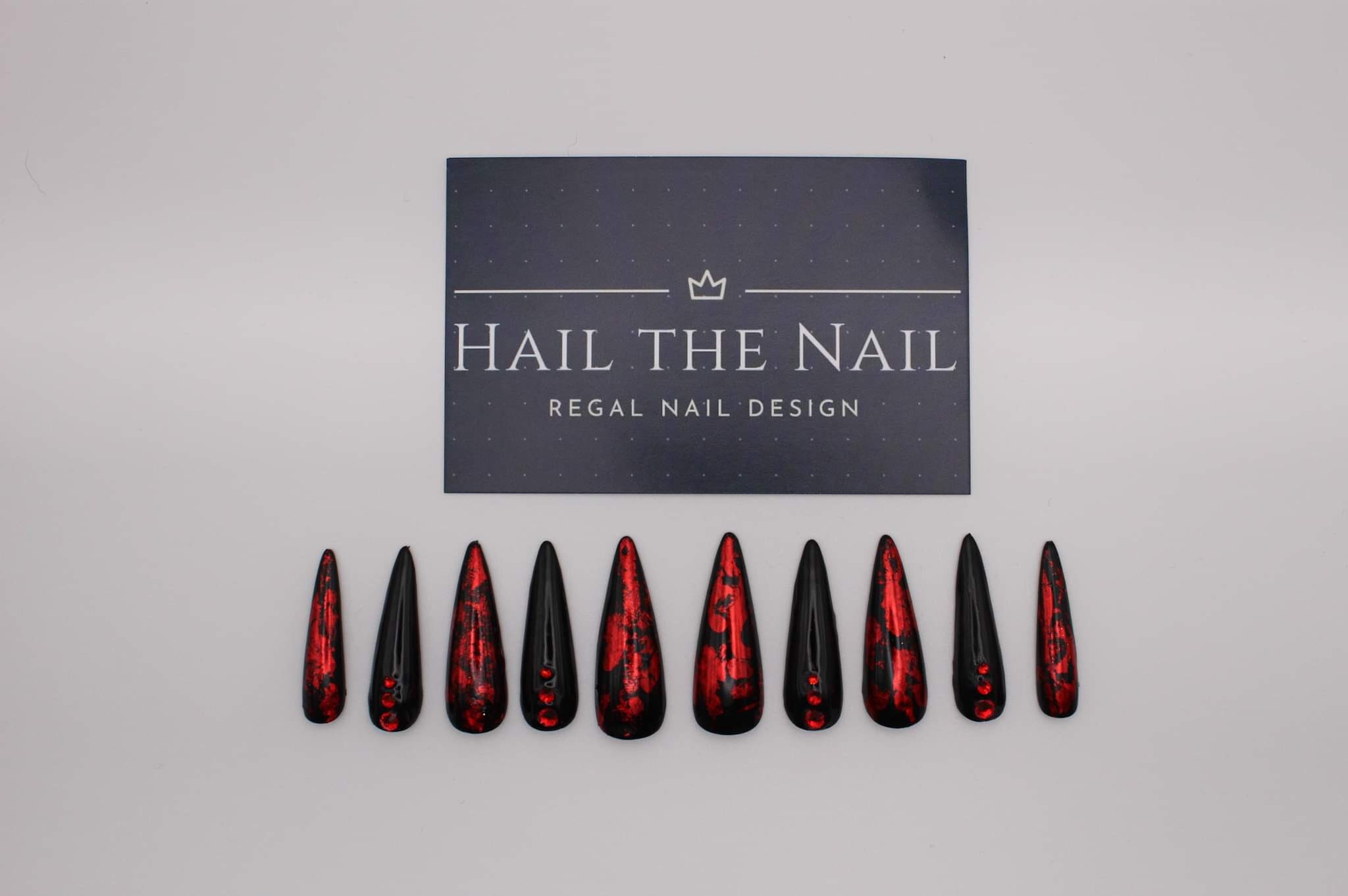 Custom hand painted press on nails.  Red foil black bling nails.  Almond, stiletto, coffin, ballerina, extra wide, extra long