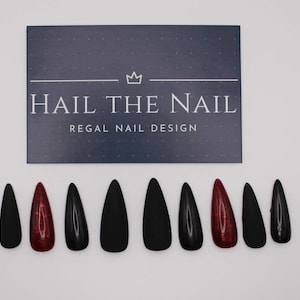 Custom hand painted press on nails.  Red glitter and black gloss & Matt nails.  Almond, stiletto, coffin, ballerina, extra wide, extra long