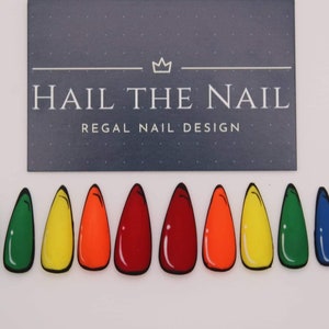 Custom hand painted press on nails Rainbow Pop Art. Almond, stiletto, coffin, ballerina, extra wide, extra long
