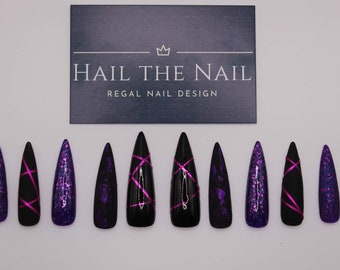 Custom hand painted press on nails.  Purple  black nails.  Almond, stiletto, coffin, ballerina, extra wide, extra long stilleto & extra wide
