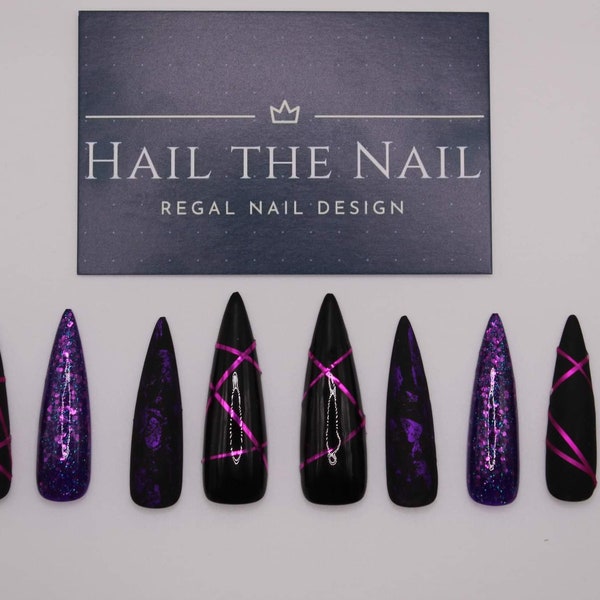 Custom hand painted press on nails.  Purple  black nails.  Almond, stiletto, coffin, ballerina, extra wide, extra long stilleto & extra wide