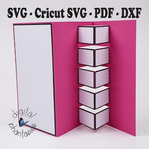 May include: A pink pop-up card with white interior panels and black borders. The card features a series of stacked, three-dimensional white boxes with black outlines. The top of the card has the text "SVG - Cricut SVG - PDF - DXF". The card has the logo "digital phantasies".