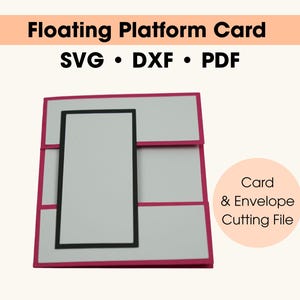 Puede incluir: Una tarjeta de plataforma flotante blanca y rosa con un marco rectangular negro. La tarjeta tiene el texto "Floating Platform Card" y "SVG • DXF • PDF". Un gráfico circular dice "Card & Envelope Cutting File".