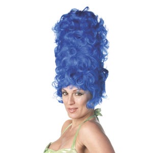 May include: A blue wig with a tall, bouffant hairstyle. The wig is a vibrant shade of blue and has a voluminous, curly texture. The wig is a costume accessory, perfect for cosplay or themed events.