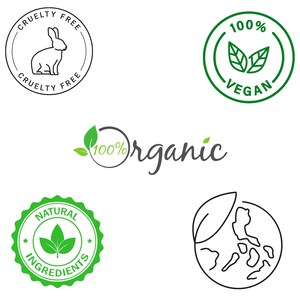 May include: Five green and black circular labels with text and images. The labels are for cruelty-free, vegan, organic, natural ingredients, and a globe with a leaf.