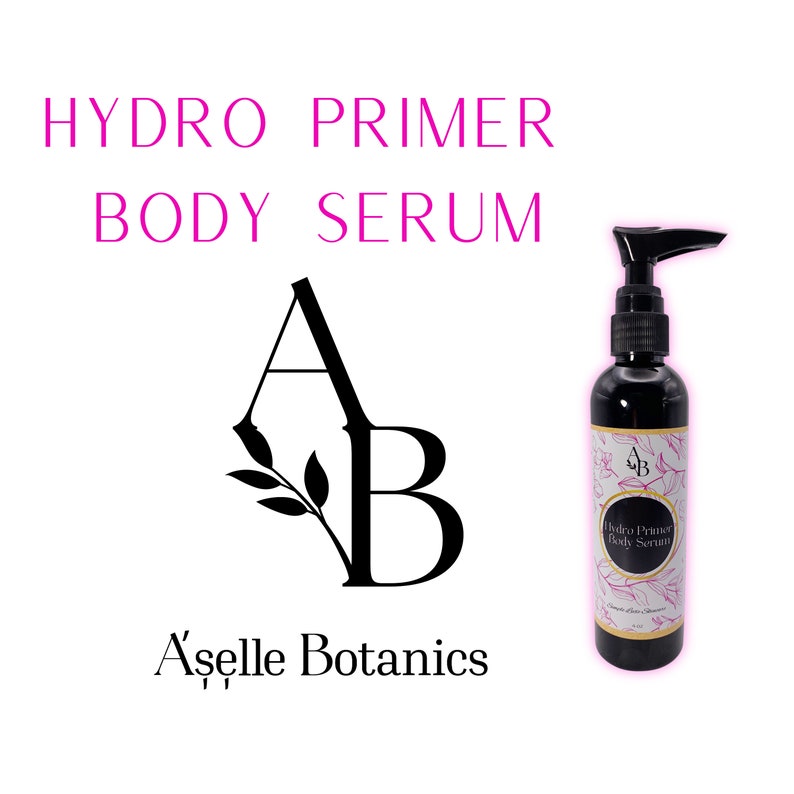 May include: A clear bottle of Hydro Primer Body Serum by A'selle Botanics. The bottle has a black pump top and a label with pink flowers and the brand's logo.