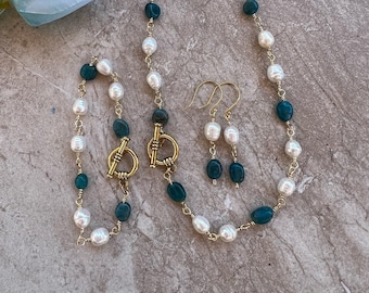 Fresh Water Pearl and Blue Apatite Pebble Nugget set