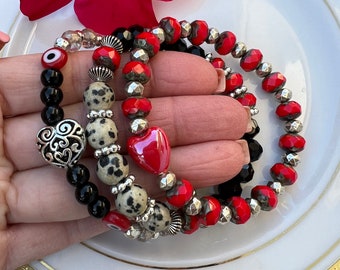 Red Heart , Black, White bracelet set
