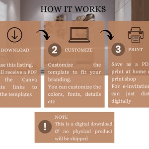 May include: A three-step guide on how to download, customize, and print a digital template. The steps are illustrated with icons and text. The text includes the words "Download", "Customize", and "Print".