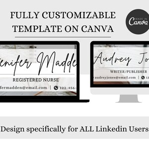 May include: A digital design template on a laptop and desktop computer screen. The template features a name, title, and contact information. Text on the screen reads "FULLY CUSTOMIZABLE TEMPLATE ON CANVA" and "Design specifically for ALL Linkedin Users."