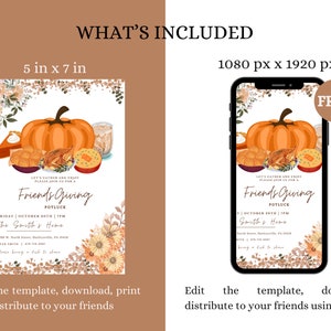 May include: A printable invitation for a Friendsgiving potluck. The invitation features a fall-themed design with a pumpkin, leaves, and a pie. The text on the invitation reads "Let's gather and enjoy, please join us for a Friendsgiving Potluck, Friday, October 20th, 7pm, The Smith's Home, please bring a dish to share".