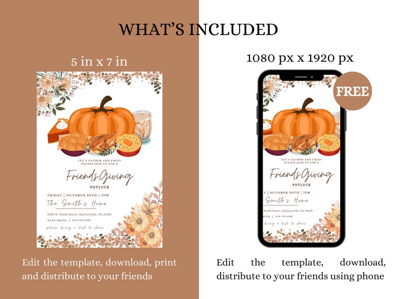 May include: A printable invitation for a Friendsgiving potluck. The invitation features a fall-themed design with a pumpkin, leaves, and a pie. The text on the invitation reads "Let's gather and enjoy, please join us for a Friendsgiving Potluck, Friday, October 20th, 7pm, The Smith's Home, please bring a dish to share".
