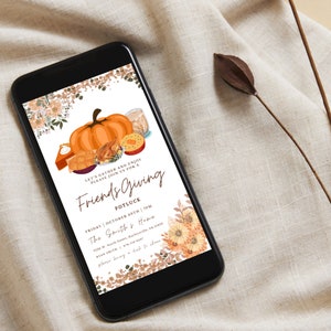 May include: A digital invitation for a Friendsgiving potluck with a fall theme. The invitation features a pumpkin, pie, and other fall-themed imagery. The text on the invitation reads "Let's gather and enjoy. Please join us for a Friendsgiving Potluck. Friday, October 20th, 7pm. The Smith's Home."