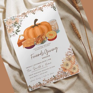 May include: A white invitation card with a fall theme. The card features a pumpkin, pie, and other fall-themed food items. The text on the card reads "Let's gather and enjoy. Please join us for a Friends Giving Potluck. Friday, October 30th, 7pm. The Smith's Home. 9288 W. North Street, Harleysville, PA 29438. Ryan Smith 678-719-4987. Please bring a dish to share."
