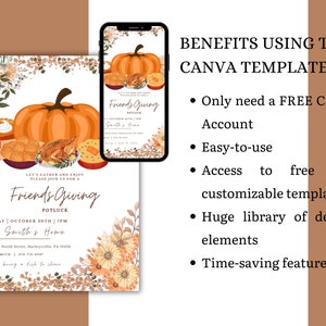 May include: A printable invitation for a Friendsgiving potluck with a fall theme. The invitation features a pumpkin, pie, and other fall-themed food items. The text on the invitation reads "Let's gather and enjoy. Please join us for a Friendsgiving Potluck. Friday, October 30th, 7pm. The Smith's Home. 9288 W. North Street, Harleysville, PA 19418. Brian Smith, 476-729-5478. Please bring a dish to share."