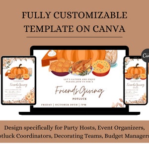 May include: A digital template for a Friendsgiving potluck invitation. The template features a fall theme with pumpkins, leaves, and food. The text on the template reads "Let's gather and enjoy. Please join us for a Friendsgiving Potluck. Friday | October 30th | 7PM".