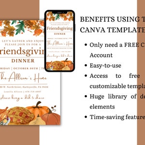 May include: A printable invitation for a Friendsgiving dinner. The invitation features a fall theme with autumn leaves, pumpkins, and a pie. The text on the invitation reads "Let's gather and enjoy. Please join us for a Friendsgiving Dinner. Friday, October 30th, 7 PM. The Allison's Home. 9288 W. North Street, Harleysville, PA 19438. Louella Allison | 678-719-6987. Please bring a dish to share."