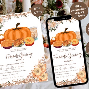 May include: A digital invitation for a Friendsgiving potluck with a pumpkin, pie, and other fall-themed food illustrations. The invitation is 5 inches by 7 inches and includes the text "Let's gather and enjoy, please join us for a Friendsgiving Potluck, Friday, October 30th, 7pm, The Smith's Home, 9288 W. North Street, Harleysville, PA 19438, Ryan Smith, please bring a dish to share."