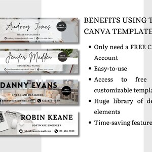 May include: A Canva template design showcasing four professional banner examples. Each banner includes a name, title, contact information, and a "Let's Connect" button. The right side lists the benefits of using the template.