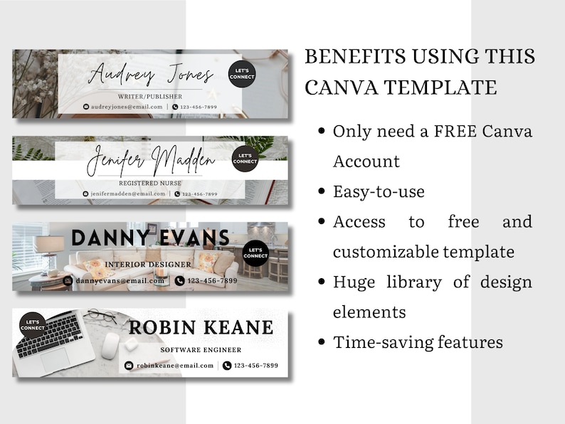 May include: A Canva template design showcasing four professional banner examples. Each banner includes a name, title, contact information, and a "Let's Connect" button. The right side lists the benefits of using the template.