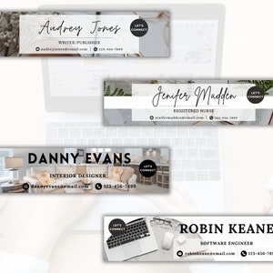 May include: A collection of professional email signature designs. Each design features a name, title, contact information, and a "Let's Connect" button. The designs include Audrey Jones, Writer/Publisher; Jennifer Madden, Registered Nurse; Danny Evans, Interior Designer; and Robin Keane, Software Engineer.