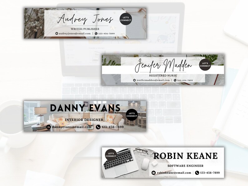 May include: A collection of professional email signature designs. Each design features a name, title, contact information, and a "Let's Connect" button. The designs include Audrey Jones, Writer/Publisher; Jennifer Madden, Registered Nurse; Danny Evans, Interior Designer; and Robin Keane, Software Engineer.
