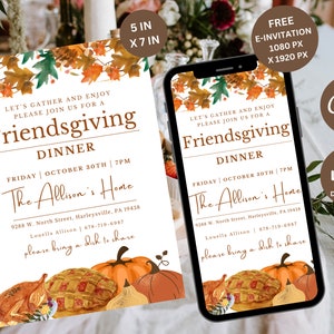 May include: A printable invitation for a Friendsgiving dinner. The invitation features a watercolor illustration of autumn leaves, a turkey, a pie, and pumpkins. The text on the invitation reads "Let's gather and enjoy. Please join us for a Friendsgiving Dinner. Friday, October 30th, 7pm. The Allison's Home. 9288 W. North Street, Harleysville, PA 19438. Louella Allison | 678-719-6987. Please bring a dish to share."