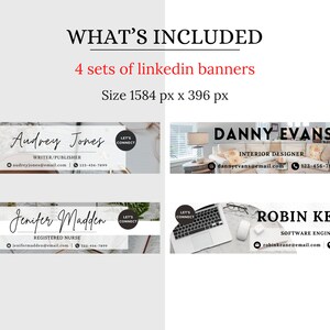 May include: The image showcases four LinkedIn banner sets, each featuring a different professional's name and contact information. The banners are designed with varying background images and text layouts, including names, titles, and contact details. The size of the banners is 1584 px x 396 px.