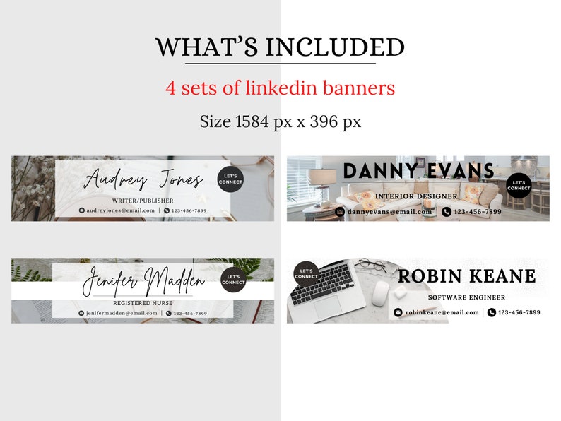 May include: The image showcases four LinkedIn banner sets, each featuring a different professional's name and contact information. The banners are designed with varying background images and text layouts, including names, titles, and contact details. The size of the banners is 1584 px x 396 px.