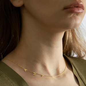 Personalised Gold Initial Necklace, Custom 14k Gold Initial Necklace, Gold Sideways Letter Necklace, Anniversary Gift, Mother's Day Gift