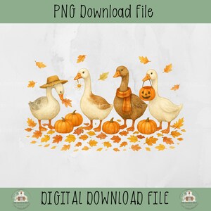 May include: A watercolor illustration of four geese with pumpkins and autumn leaves. One goose wears a straw hat, another holds a daisy, a third wears a scarf, and the last carries a jack-o'-lantern. The image includes the text "PNG Download File" and "DIGITAL DOWNLOAD FILE".