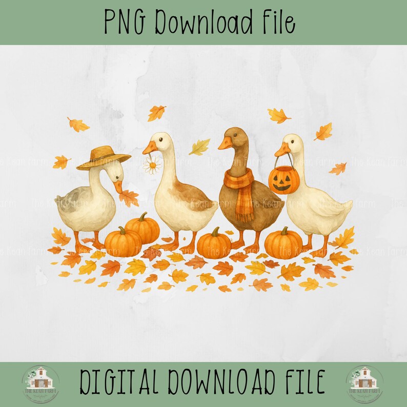 May include: A watercolor illustration of four geese with pumpkins and autumn leaves. One goose wears a straw hat, another holds a daisy, a third wears a scarf, and the last carries a jack-o'-lantern. The image includes the text "PNG Download File" and "DIGITAL DOWNLOAD FILE".