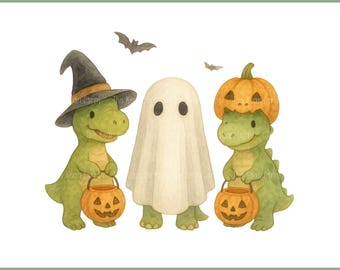 May include: Watercolor illustration featuring a Halloween theme. Two green dinosaurs dressed in witch and pumpkin costumes, holding jack-o'-lantern buckets, flank a white ghost. The image includes bats and text that reads "PNG Download File" and "DIGITAL DOWNLOAD FILE".