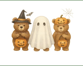 May include: A digital download file featuring three Halloween-themed bears and a ghost. One bear wears a witch hat, another a pumpkin hat, and all hold jack-o'-lantern buckets. A bat and spiderweb are also included. The text "PNG Download File" and "Digital Download File" are at the top and bottom.