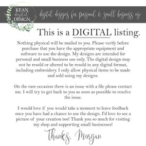 May include: A digital listing announcement with text that reads "This is a DIGITAL listing." The image includes the text "digital designs for personal & small business use" and a logo with the text "KEAN digital DESIGN".