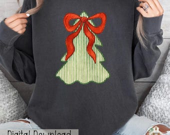 May include: Dark gray sweatshirt featuring a Christmas tree design. The tree is green with white vertical stripes and a red bow. The words "Digital Download" are printed at the bottom of the image.