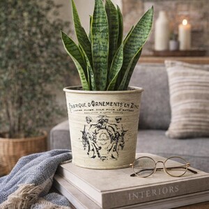Vintage French Metal Pot – Rustic Cream Metal Planter, Farmhouse Shelf Decor, Antique Typography Accent