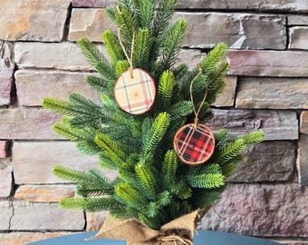 Plaid Wooden Christmas Ornaments – Rustic Holiday Decor, Upcycled Tree Accents