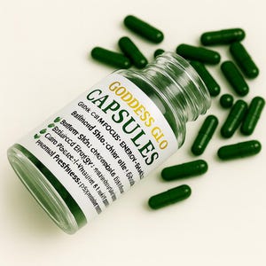 Puede incluir: Una botella de vidrio transparente con cápsulas verdes y una etiqueta blanca que dice "GODDESS GLO CAPSULES". Texto adicional en la etiqueta. Varias cápsulas verdes están esparcidas alrededor de la botella sobre una superficie blanca.