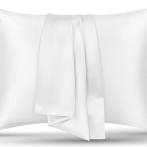 May include: A rectangular white pillowcase with a smooth, lustrous finish. A matching white fabric strip is draped vertically over the centre of the pillowcase, showcasing the consistent bright white colour and the soft, reflective texture of the material.