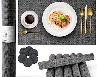 Placemats and Coaster sets  of 6, Washable, Waterproof, Heat-Resistant,Easy to Clean & Reusable-Grey